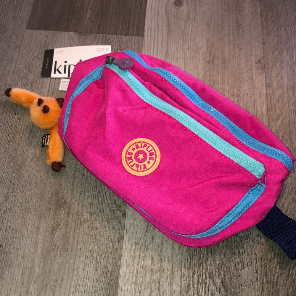 Kipling Yasemina Nylon Waist Pack Azalea Pink Color Block + Monkey Keychain NWT - Picture 15 of 16